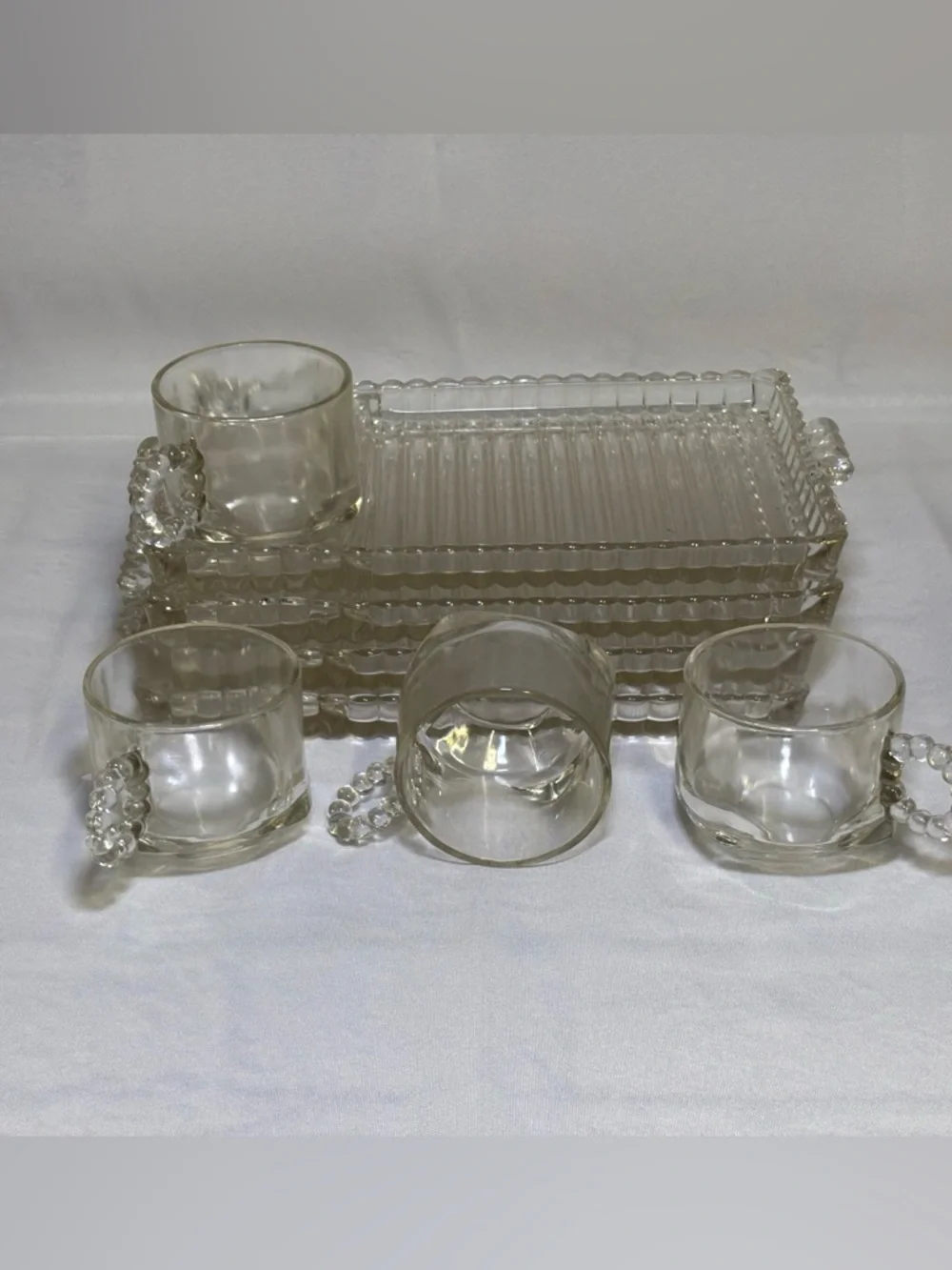 Set of 4 Vtg Hazel Atlas Glass Snack Luncheon Plates Sip And Smoke Ball & Rib